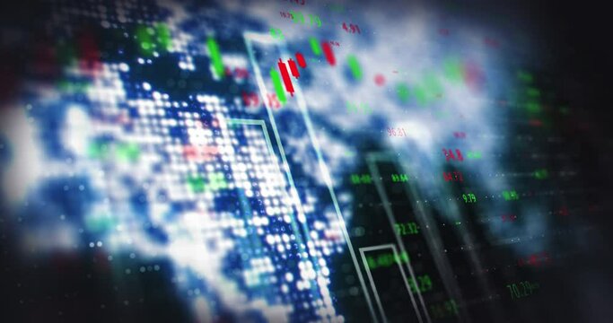 Stock market or big data analytics, algorithm or finance hacking system for information technology, cyberpunk security background. Futuristic ai, IT database or financial trading software app screen