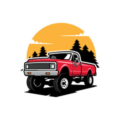 vintage pickup truck illustration vector. - obrazy, fototapety, plakaty