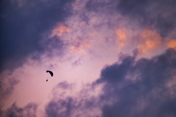 Naklejka na ściany i meble 夕焼け空を飛ぶパラグライダー