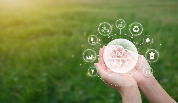 Symbol icon co2 in hand young woman on natural green grass. sustainability, ecology and renewable energy for save the world environmental and conservation concept