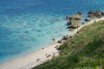 Along the beach and rocks of Miyako Island seen from the cliff