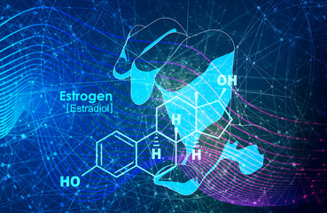Hand holding chemical molecular formula of hormone estrogen.