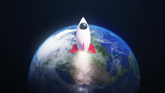 3D Render Rocket Jet Fly And Big Blue Earth Planet Background On Galaxy Space Star Field 3D Illustration