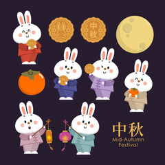 Happy mid autumn festival, Chuseok character with cute rabbit, persimmons, lantern and the moon cake. Animal and desert cartoon vector. Translate: Mid-autumn festival.