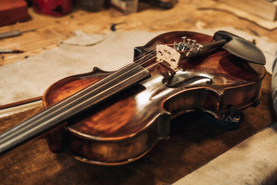close-up view of an antique violin