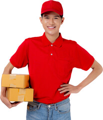 Young asian man in uniform red and cap standing carrying box stack transparent, employee holding cargo or package, courier and delivery, transportation and service, logistic and cargo.