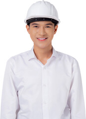 Portrait young asian man is engineer wearing helmet standing and smiling with confident transparent, handsome male is architect or contractor, worker or labor, industrial concept.
