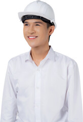 Portrait young asian man is engineer wearing helmet standing and smiling with confident transparent, handsome male is architect or contractor, worker or labor, industrial concept.