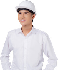 Portrait young asian man is engineer wearing helmet standing and smiling with confident transparent, handsome male is architect or contractor, worker or labor, industrial concept.