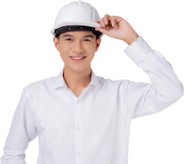 Portrait young asian man is engineer wearing helmet standing and smiling with confident transparent, handsome male is architect or contractor, worker or labor, industrial concept.
