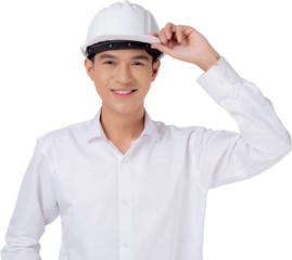Portrait young asian man is engineer wearing helmet standing and smiling with confident transparent, handsome male is architect or contractor, worker or labor, industrial concept.