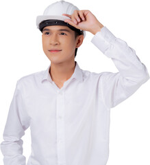 Portrait young asian man is engineer wearing helmet standing and smiling with confident transparent, handsome male is architect or contractor, worker or labor, industrial concept.