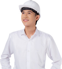 Portrait young asian man is engineer wearing helmet standing and smiling with confident transparent, handsome male is architect or contractor, worker or labor, industrial concept.