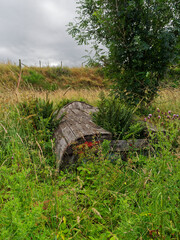 Obraz premium An old ruined and derelict Wooden Rowing boat on the banks of the River North Esk in Aberdeenshire near to Montrose.