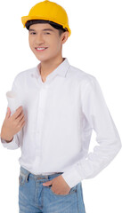 Portrait young asian man is engineer wearing helmet standing and holding blueprint with confident transparent, handsome male is architect or contractor, worker or labor concept.