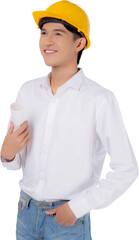 Portrait young asian man is engineer wearing helmet standing and holding blueprint with confident transparent, handsome male is architect or contractor, worker or labor concept.