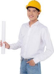 Portrait young asian man is engineer wearing helmet standing and holding blueprint with confident transparent, handsome male is architect or contractor, worker or labor concept.