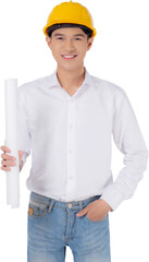 Portrait young asian man is engineer wearing helmet standing and holding blueprint with confident transparent, handsome male is architect or contractor, worker or labor concept.