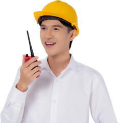 Portrait young asian man is engineer wearing helmet standing and using radio for speak with confidence transparent, handsome male is architect or contractor, worker or labor concept.