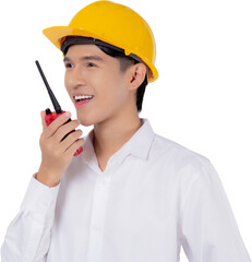 Portrait young asian man is engineer wearing helmet standing and using radio for speak with confidence transparent, handsome male is architect or contractor, worker or labor concept.