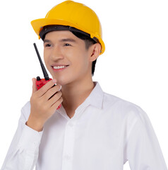 Portrait young asian man is engineer wearing helmet standing and using radio for speak with confidence transparent, handsome male is architect or contractor, worker or labor concept.