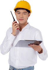 Portrait young asian man is engineer wearing helmet standing and using radio for speak with confidence while holding report document transparent, male is architect or contractor.