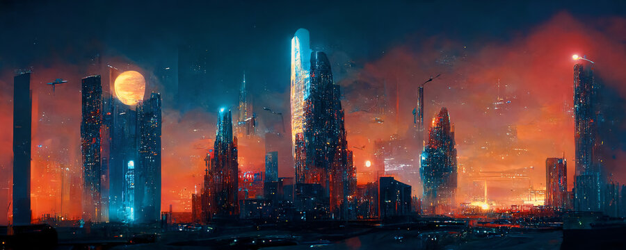 Spectacular nighttime in cyberpunk city of the futuristic fantasy world features skyscrapers, flying cars, and neon lights. Digital art 3D illustration. Acrylic painting.