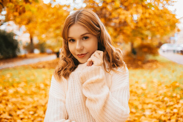 Beautiful brunette portrait in the autumn park, the girl looks at the camera and smiles easily.