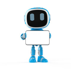 Blue robotic assistant or artificial intelligence robot with empty screen tablet