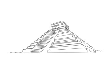 Continuous one line drawing Mayan pyramid in Mexico. Landmark concept.  Single line draw design vector graphic illustration.