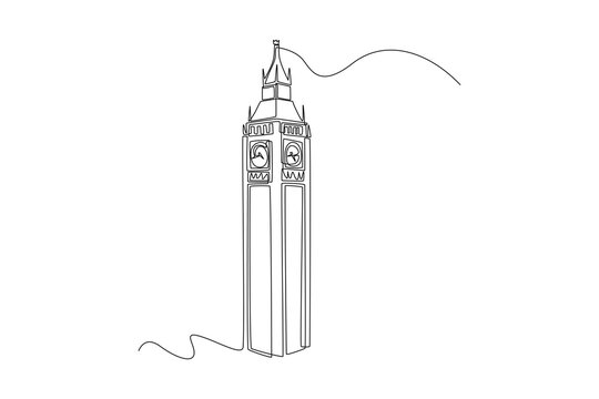 Continuous one line drawing big ben clock in London. Landmark concept.  Single line draw design vector graphic illustration.
