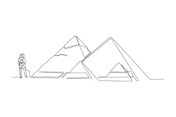 Continuous one line drawing young tourist travel to pyramid in Egypt. Landmark concept.  Single line draw design vector graphic illustration.