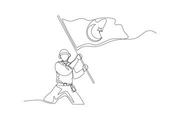 Single one line drawing turkish soldier holding turkey flag. Turkey Republic day concept. Continuous line draw design graphic vector illustration.