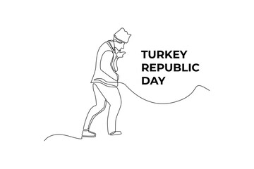 Single one line drawing young boy standing with Turkey Republic day concept. Continuous line draw design graphic vector illustration.