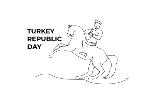 Single one line drawing Ataturk on his horse. Turkey Republic day concept. Continuous line draw design graphic vector illustration.