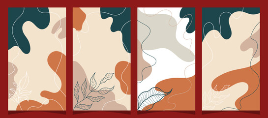 Social media stories and post creative Vector set. Background template with copy space for text and images design by abstract colored shapes, line arts , Tropical leaves warm color of the earth tone
