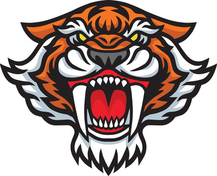 Tiger Sabertooth Roaring Head Logo Design Sports Esport Mascot Illustration Template