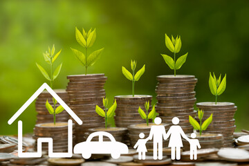 Fototapeta na wymiar plant on coin stack growing and Family icon over green bokeh background,investment and Save Money concept.Strategy concept.Business Finance, Earning, benefits, Capital, Save Money