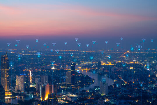 Smart city dot point connect with gradient line, connection technology metaverse concept. Bangkok, Cityscape night city banner with big data.
