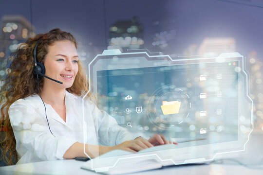 Young friendly operator woman agent with headsets working  by virsual screen log in internet security desk ,business woman smile  concept for service mind in call center,Help desk,Call center.