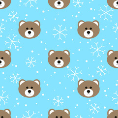 Christmas seamless pattern with bear heads on snowing background. Cute cartoon seasonal surface. Animal character vector illustration.