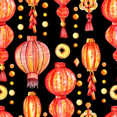 Seamless watercolor pattern with red paper lanterns, coins and good luck symbols on a black background. Chinese New Year