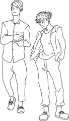 Couple of teenagers minimal hand drawing with different poses black and white