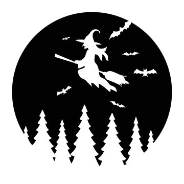 Vector witch silhouette over the Moon. Halloween illustration of mysterious night with full moon and flying witch.