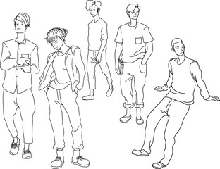 Fototapeta na wymiar Teenagers people youngsters minimal hand drawing with different poses