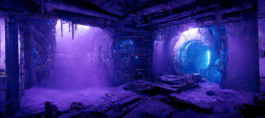 Futuristic fantasy abandoned sci-fi cave with blue lights, 3D illustration