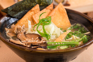 vegetarian Ramen soup with noodles and fried tofu japan food