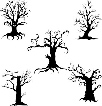 Spooky trees silhouette collection of Halloween vector isolated on white background. scary, haunted and creepy curly plant element, Scary trees for Halloween.