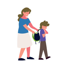 mother and son with school bag