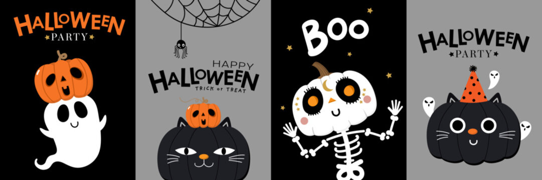 Happy halloween wallpaper and card. Cute pumpkin with ghost and black cat costume. Holidays cartoon character. -Vector